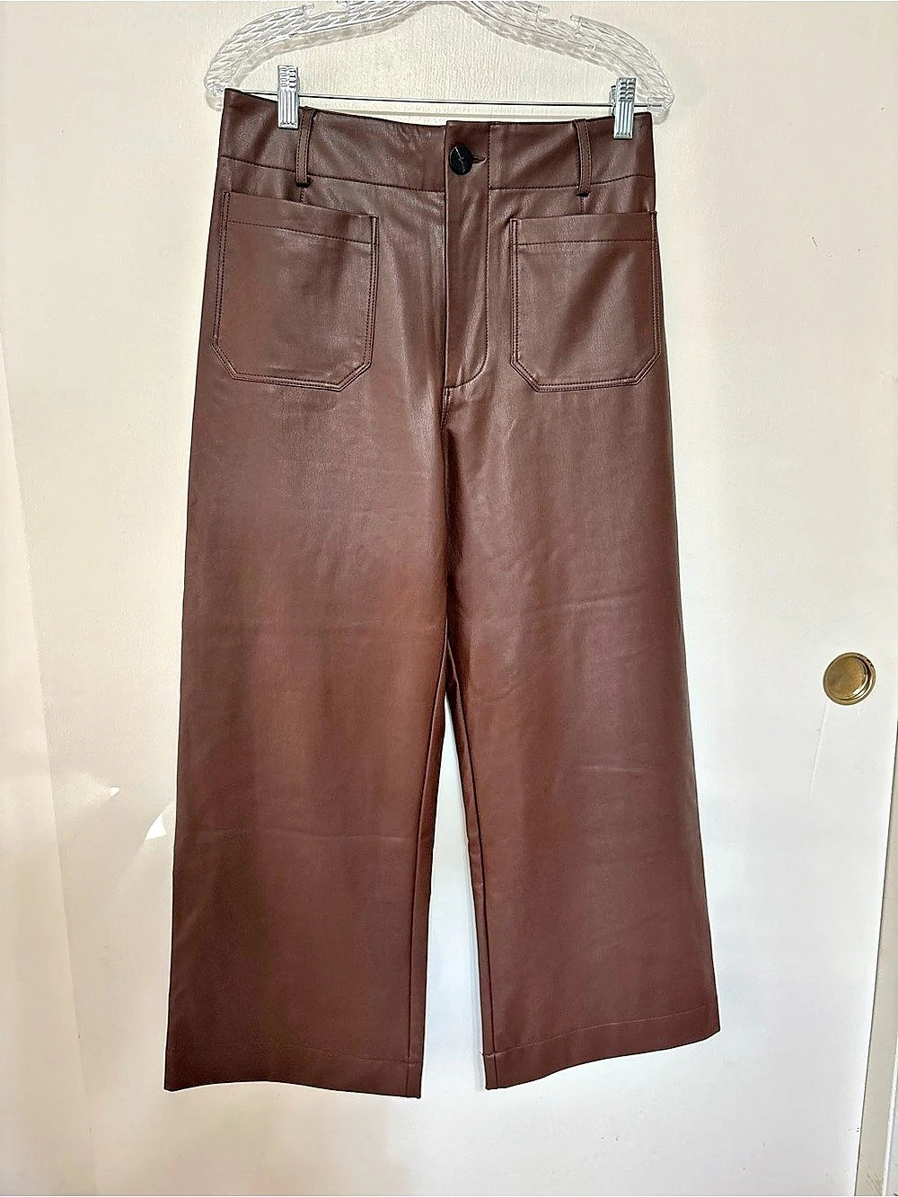 Maeve The Colette Cropped Wide-Leg Faux Leather Pants Brown Waist 30